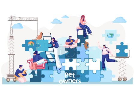 Illustration for Pet owners men and women sitting on puzzle pyramid, communicate, take care of domestic animals cat and dog. People have fun and active time, play with pets. Flat vector illustration in blue colours - Royalty Free Image