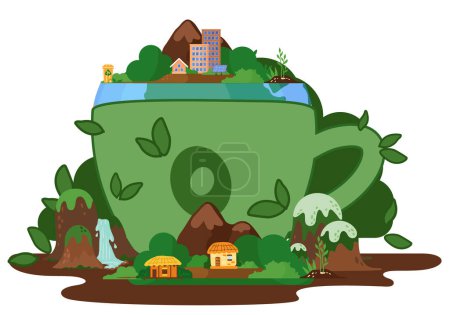 Téléchargez les illustrations : Figurine de jardin d'une tasse, sculpture arbuste de couleur verte avec des maisons, des arbres et des montagnes au-dessus. Taille artistique du buisson en forme de tasse à café avec une poignée. Conception du parc herbe verte élément - en licence libre de droit