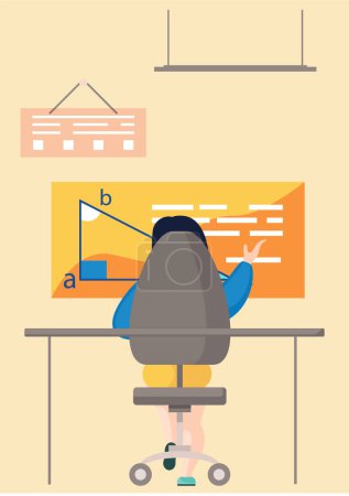 Illustration for Girl sitting on a chair looking at blackboard with math task back view. Vector image of a character in classroom or at home. Student solves mathematical exercises on blackboard with triangle - Royalty Free Image