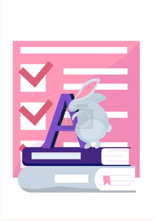 Photo for Cute white rabbit sitting on the stack of books with big letter flat style junior school illustration. List with marks and positivity domestic animal. Obtaining education, learning foreign languages - Royalty Free Image