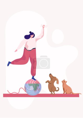Téléchargez les illustrations : Jeune femme équilibre sur une balle, dressant son chat et son chien animaux domestiques avec os à la main. Heureux personnage de dessin animé féminin jouant avec ses animaux de compagnie. Propriétaire avec son chien gai et chaton - en licence libre de droit