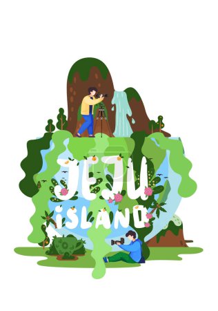 Illustration for Photographer takes a picture of a beautiful landscape on a tropical south korean island Jeju. Mountaine hallasan with waterfall, plants in botanical garden. Tourist with a camera in a green park - Royalty Free Image