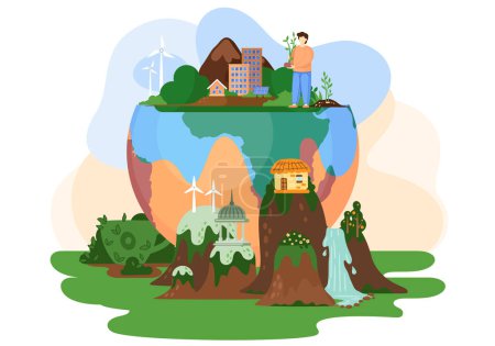 People prepare for the day of the Earth. Good side of human influence on the planet. Man standing on the planet plants the tree. Society tries to save the planet Earth vector flat illustration