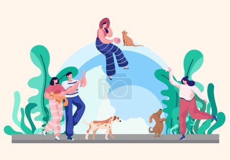 Illustration for Pet owners on a stroll. People with their domestic animals on a walk in the warm season sunny day. Woman is playing with her kitty, training the dog, couple walking with a cheerful cat in arms - Royalty Free Image