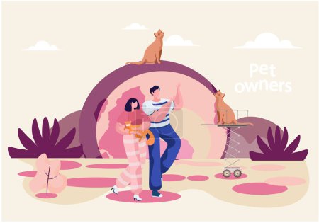 Illustration for Couple walking with cat holding it. Man and woman strolling sunny summer day in the city park. Ginger cat looks at happy pet owners. People with kitten together outdoor pink colour vector illustration - Royalty Free Image