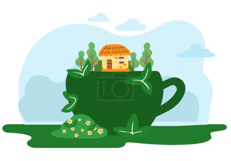 Illustration for Garden figure of a cup, shrub sculpture green color with house, trees and bushes with flowers above. Artistic pruning of the bush in the shape of a coffee cup with a handle. Park design plant element - Royalty Free Image