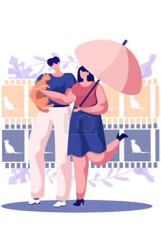 Illustration for Couple walking with cat holding it. Man and woman strolling under rain or sunshine with umbrella. Ginger cat looks at happy pet owners. People with kitten together against the background of the film - Royalty Free Image