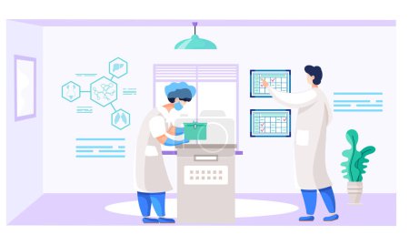 Illustration for A female researcher opens a container with an unknown substance. Industry concept. Safety and health. Masked characters. Man making notes on the calendar. People in white coats in the laboratory - Royalty Free Image