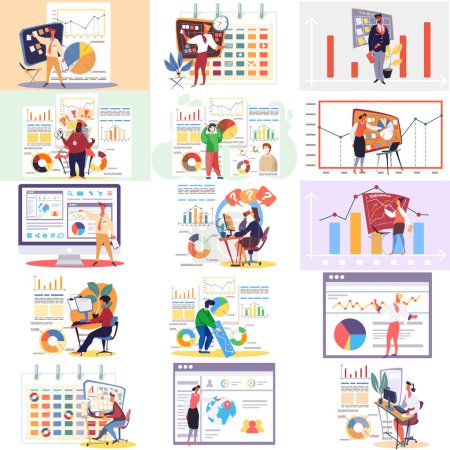Illustration for Office worker, near information poster with digital indicators and charts scenes set. Report presentation statistical analysis, business lecture, educational video conference, online learning - Royalty Free Image