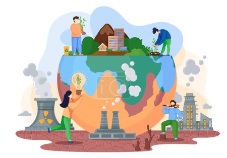 Illustration for Planet with green trees and bushes surrounded by a lifeless land with cracks, environmental pollution theme with ax man cuts trees to build cities, factories pollute the air with smoke flat vector - Royalty Free Image