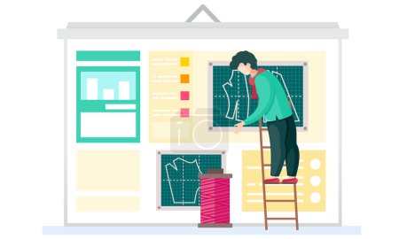 Illustration for Sewing with designer or seamstress works with pink skein of thread standing on ladder. Professional tailoring studio. Making designer clothes. Creative environment for a man seamstress in work area - Royalty Free Image