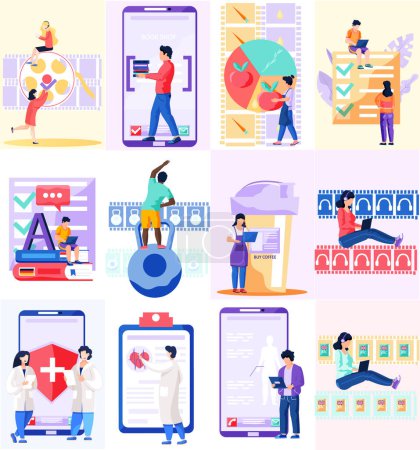 Illustration for People in various common situations scenes set. Online education, cooking blog and medicine, e-learning, students which study remotely, medical consultation with doctor. Different people men and women - Royalty Free Image