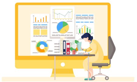 Illustration for Businesswoman working and analyzing financial statistics . The female marketer studies information about the metrics. The girl sits with a sheet of paper and writes data. Business analysis concept - Royalty Free Image