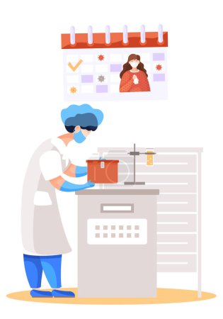 Illustration for Girl in the laboratory opens a box with an unknown substance. Masked woman during the coronavirus epidemic. Female scientist working with a closed container. Schedule with patient on background - Royalty Free Image