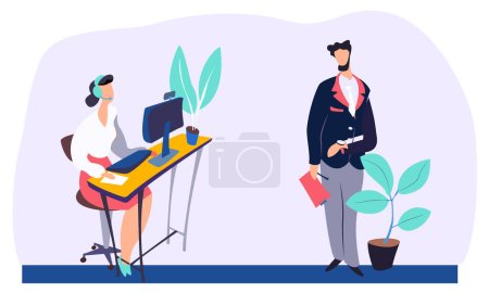 Téléchargez les illustrations : Une femme avec un casque travaille sur un ordinateur assis à un bureau. Un homme debout à côté d'une fleur en pot se prépare à présenter un nouveau projet lors d'une réunion. Journée de travail pour les employés de bureau - en licence libre de droit