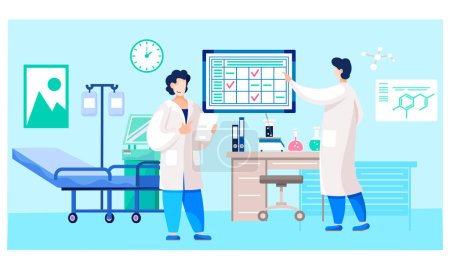 Illustration for Male doctors with medical report. University students are practicing in hospital ward. Guys communicate and study in the medical office. Schedule with notes on the background. Medicine and healthcare - Royalty Free Image