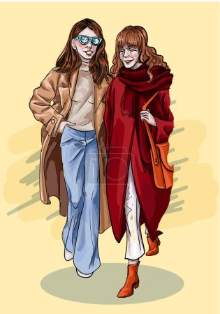 Illustration for Girlfriends walk in fashionable clothes down the street and gossip. Girls in new coats communicate and spend time with each other. Fashion show. Street walk through the city. Friends go shopping - Royalty Free Image