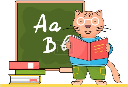 Illustration for Funny cartoon animal student or teacher. Smart cat in glasses with a book in his hands is reading at a lesson. Back to school concept. The pedagogue is teaching a lesson. Pupil is reading a textbook - Royalty Free Image