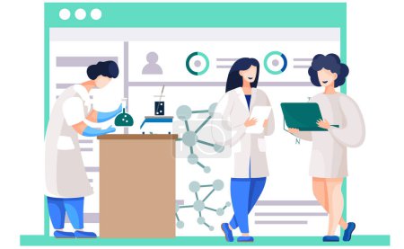 Illustration for Girl in a lab coat is holding a flask with an unknown substance. Woman is working and freelancing with a laptop. Chemist is monitoring research progress. Measuring the weight of a liquid in test tube - Royalty Free Image
