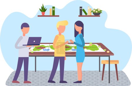 Illustration for Guys and a girl communicate during a break in the creative studio. Office staff working day. Business workflow management. People on the background of the landscape plan scale. Man working on laptop - Royalty Free Image