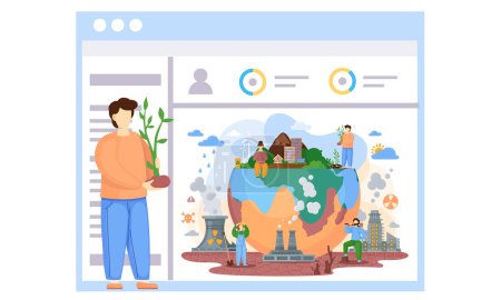 Illustration for Successful Earth care. The guy holding a tree to plant. A poster with a globe polluted by factories. Man works and cares about the environment. Planet destroyed by human activity. Ecological problems - Royalty Free Image
