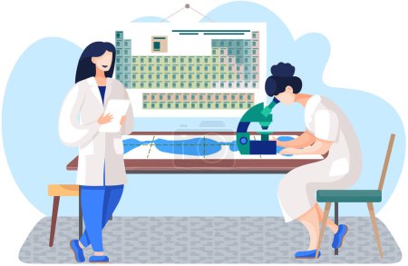 Illustration for Scientific research in the laboratory. Scientists are conducting an experiments. Female scientist is looking through a microscope lens. Male chemist with a sheet of paper in his hands. Periodic table - Royalty Free Image
