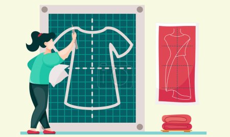 Illustration for Designer is drawing a pattern. Female dressmaker is planning future clothes. Girl outlines a sketch for a dress and. Custom tailoring for clients. Woman with a pencil isolated on white background - Royalty Free Image