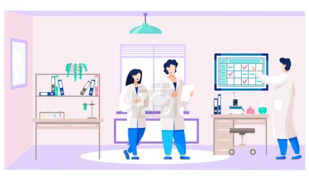 Illustration for Doctors with medical report. University students are practicing in laboratory. People communicate and study in the hospital ward. Schedule with notes on the background. Medicine and healthcare concept - Royalty Free Image