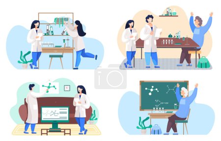 Illustration for Set of illustrations about communication and studying chemistry at school. Scientists in lab coats monitoring research. Chemists work with sheets of paper. Molecule model on blackboard on background - Royalty Free Image