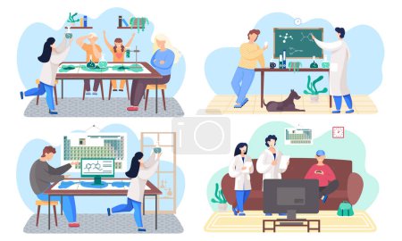 Illustration for Set of illustrations for chemical research and chemistry. People in lab coats. Periodic table. Woman working with flask with unknown substance. Science board game. Work in the laboratory or from home - Royalty Free Image