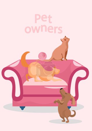 Ilustración de Lindos gatos y perros cerca del sillón y una bola de arcilla con los dueños de mascotas lettering vector ilustración en colores pastel. El amor por los gatitos y los cachorros, positividad animales domésticos caminando divertirse juntos - Imagen libre de derechos