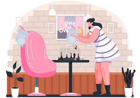 Illustration for Young woman playing with rabbit. Female character spend time and caring of domestic animals at home. Friendship, leisure with little friends. Girl holding a hare over the table with chess in the room - Royalty Free Image