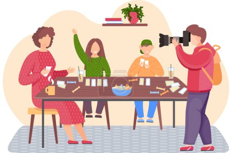 Illustration for Happy family playing board game with cards at home. A man photographer take a picture of mother and children. Mom, son and daughter sitting at a table together. Fun evening on a family weekend - Royalty Free Image