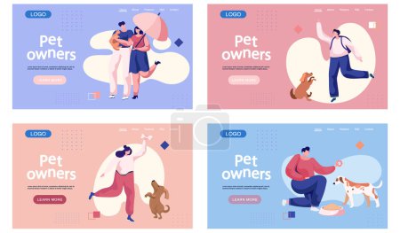 Illustration for Pet owners landing page template. Happy people playing with their domestic animal set of four scenes, training a puppy, walking with little friend. Person is having leisure spend time with cat and dog - Royalty Free Image