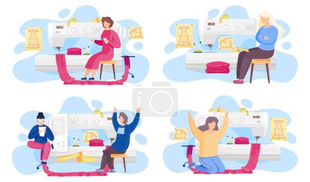 Illustration for A set of illustrations on the topic of tailoring in the studio. People are planning design of clothes. Colleagues are working with sewing machine. Girl with a piece of fabric in the atelier - Royalty Free Image
