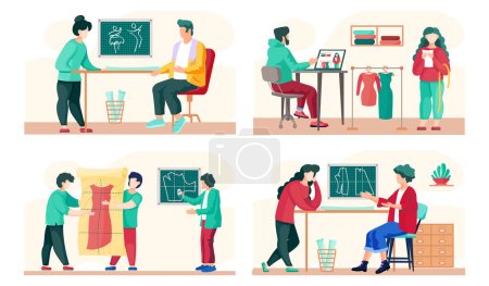 Illustration for Seamstress sews clothes to order for customers. Sewing workshop scenes set. Modern atelier. The girl works in the studio for making fashion clothes. Workers near the mannequin and dress model - Royalty Free Image