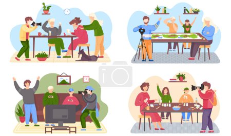 Illustration for Set of illustrations about guy taking pictures. Filming of a family spending time in an apartment. The guys are sitting on the couch with gamepads in their hands. People playing board games - Royalty Free Image