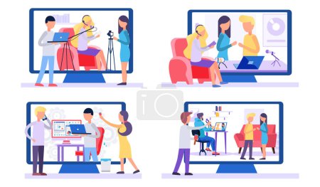 Illustration for Set of illustrations about filming and recording tracks. People work on the background of a computer monitor. Characters with laptops and phone spend time at work. Couple playing rock-paper-scissors - Royalty Free Image