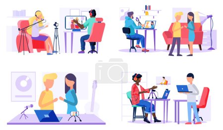 Illustration for Set of illustrations on the topic of work with microphone and music. People communicate in the studio. Clients are recording new tracks and shooting clips. Girls in headphones are singing songs - Royalty Free Image
