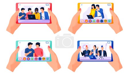 Illustration for Set of pictures about girl watching the broadcast from her phone. A man and a woman sitting with a laptop and talking. A girl can choose different reactions during live broadcast vector illustration - Royalty Free Image