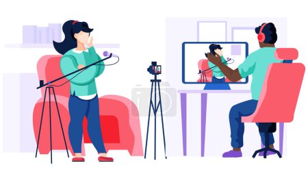 Illustration for Working in a recording studio. People communicate at work. Operator is recording interview with girl with microphone. Man and woman shoot a video with a camera on a tripod. Voice and speech training - Royalty Free Image