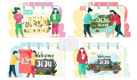 Illustration for People tourists are going on a trip, looking at the banner for travel to the south korean island Jeju. Journey to a tropical island with wonderful sights, historical monuments, active lifestyle - Royalty Free Image