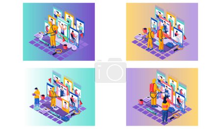 Illustration for People work online while sanitary workers treat their workplace with disinfectant solution. Man and woman with laptop students study online professions remotely. Work, leisure and hobby on quarantine - Royalty Free Image