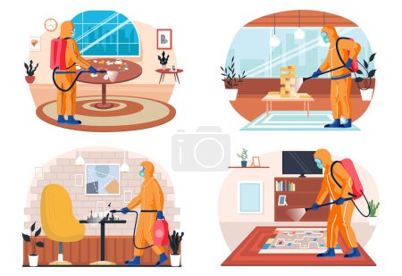 Illustration for A man from epidemiological service doing disinfection in office or livingroom to kill viruses and bacteria scenes set. Male character in a protective suit sprays a room with disinfectant solute - Royalty Free Image
