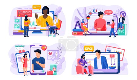 Illustration for Video lessons on the computer. Video recording of educational blog. The teacher leads a lesson in foreign language and mathematics. Couple watching movies. Online consultation with doctor scenes set - Royalty Free Image