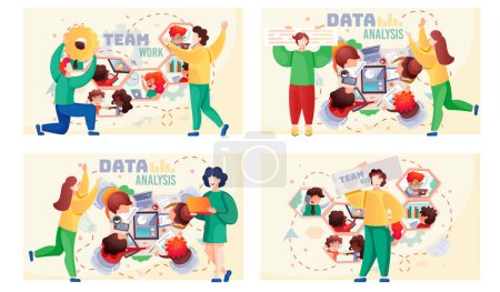 Illustration for Data analysis teamwork scenes set. A team of analysts holds a meeting, develops a marketing strategy based on analysis of financial performance, diagrams of the enterprise. Businessmen brainstorming - Royalty Free Image