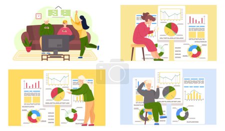 Illustration for Woman near report, video game players scenes set. Presentation of business development or investment growth. Analysis report on graph. Teenagers sitting on room with monitor holding gamepad in hands - Royalty Free Image