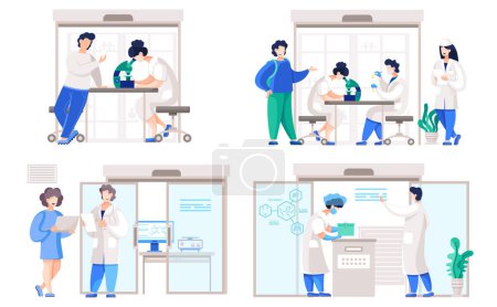 Illustration for Set of illustrations on the topic of chemistry and research. Scientists work with equipment. People communicate in laboratory. Girl looking through a microscope. Technology integration into research - Royalty Free Image