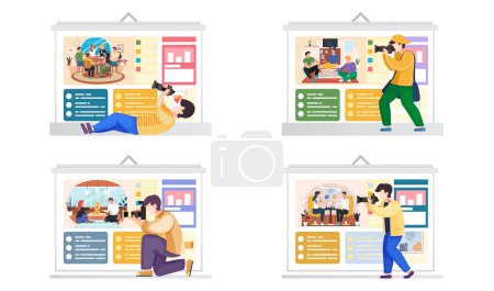 Illustration for Set of illustrations about shooting poster with images. People on the billboard playing board games. Characters spend time in an apartment together. The photographer takes professional pictures - Royalty Free Image