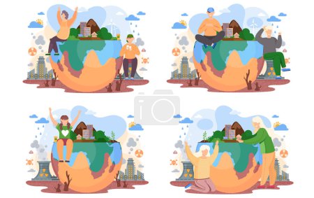Illustration for A set of illustrations on the topic of of environmental problems on earth. People sit on the planet with cards in their hands. The characters have fun and play. Planet destroyed by human activity - Royalty Free Image